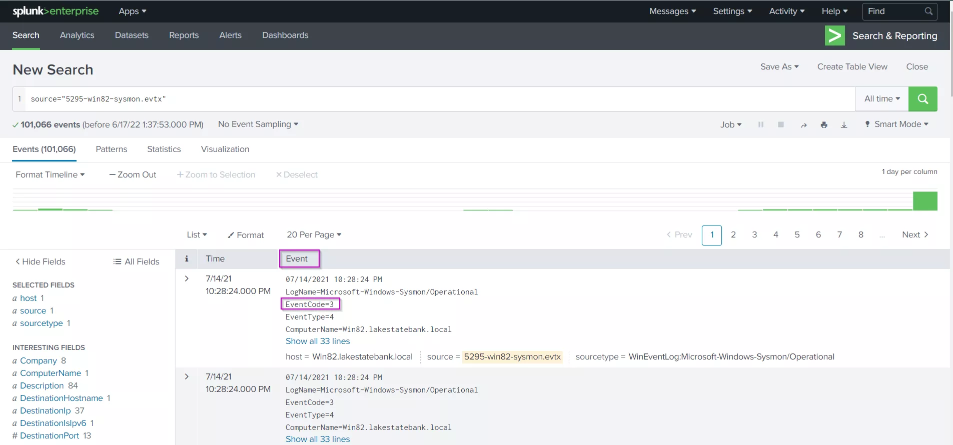 Sysmon event ID in Splunk.