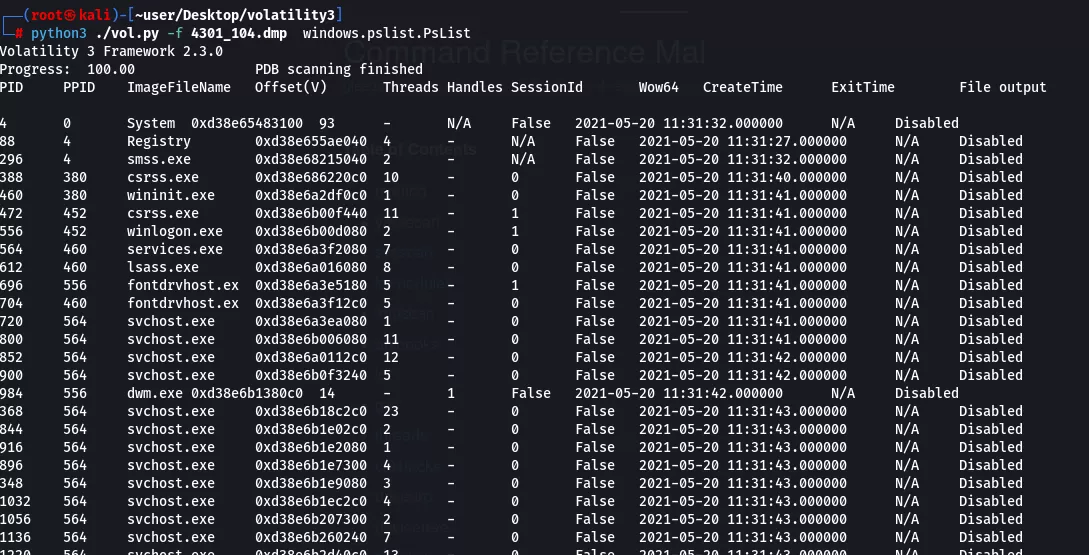 Process list in Volatility3