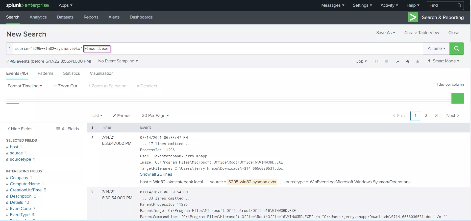 Searching for Winword.exe parent process in Splunk.