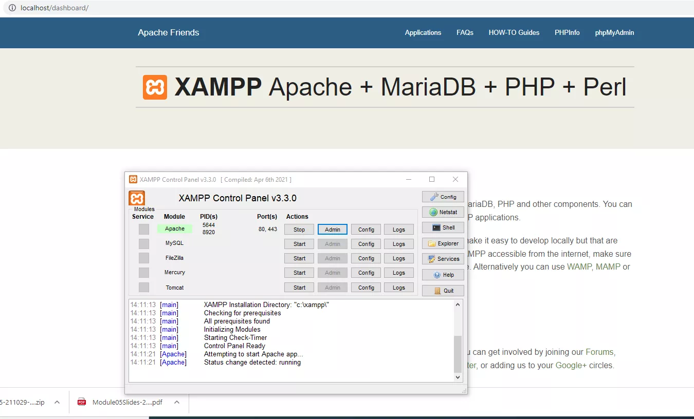 XAMMP server on localhost and dashboard